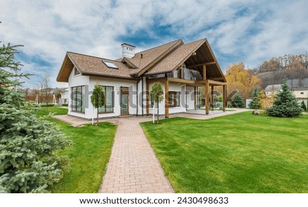 Mansion house, cottage house exterior view, gabled roof, outside view, white house, wooden roof, glass windows, step tiles, green grass, house chimney, shingles material