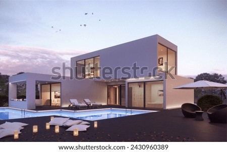 Mansion, Photo of modern house design somewhere in Florida, mansion home, exterior view, large villa with swimming pool, backyard, outdoor umbrella, poolside sitting area, home ideas, custom homes