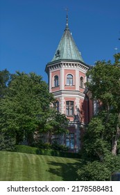 A Mansion Pink Tower In The Island Djurgården, A Sunny Summer Day In Stockholm Sweden 2022-07-12