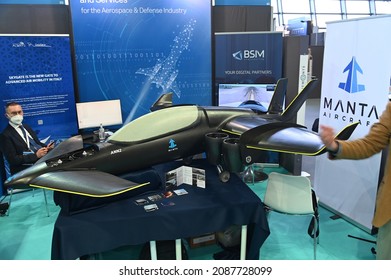 Manta Aircraft Company Presenting Prototype Of Hybryd Electric Vertical Takeoff And Landing For Advanced Air Mobility At International Aerospace Fair Turin Italy November 30 2021