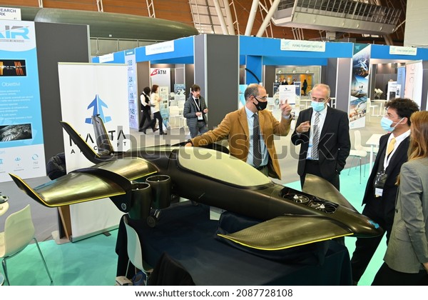 Manta\
aircraft company presenting prototype of hybryd electric vertical\
takeoff and landing for Advanced Air Mobility at international\
aerospace fair Turin Italy November 30\
2021
