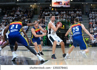 Mantas Kalnietis Of Lyon And Rafa Luz And David Jelinek And Moussa Diagne Of Andorra During The 2019 EuroCup Basketball Game 1 Of Quarterfinals Between LDLC ASVEL Villeurbanne And Morabanc Andorra