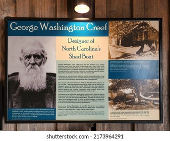 Manteo NC USA May 13, 3022: George Washington Creef and shad boat exhibit in the Roanoke Maritime Museum in Manteo, North Carolina.