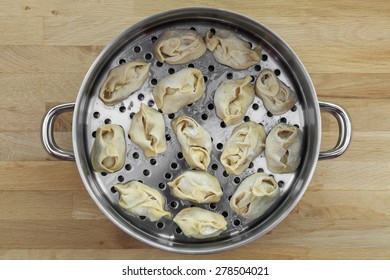 Manti - Central Asia Dumpling Ready To Be Loaded In Steamer For Cooking.