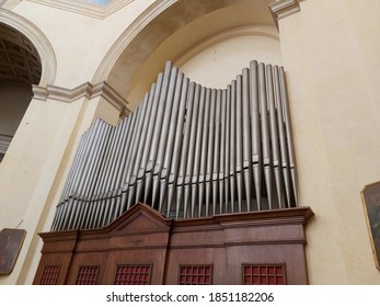 Mantua, 10 November 2020: organ pipes of the church of Sant’Orsola, restored by the company F. lli Ruffatti of Padua.