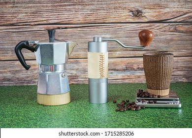 Manual Coffee Grinder And Coffee Beans, Vintage Cup With Italian Coffee Maker.