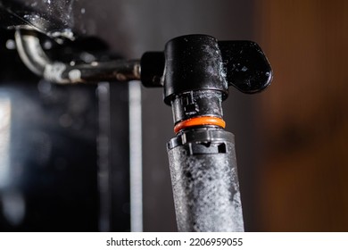 Manual Dirty Cappuccino Maker In The Coffee Maker. The Concept Of Care And Cleaning Of The Coffee Maker From Dirt, Macro