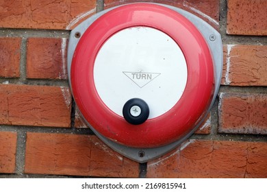 Manual Fire Alarm Warning Bell On UK Caravan Holiday Park.