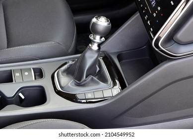 Manual shift lever in the passenger car. Manual gear shift.