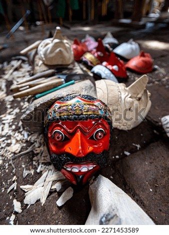 Manual work, making wooden masks of Sundanese tribe in West Java, Indonesia, traditional, sculpt and carve tools
