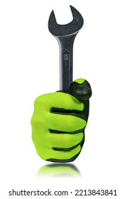 Manual Worker With Green And Black Protective Work Glove Holding A Stainless Steel Wrench Or Spanner, Isolated On White Background.