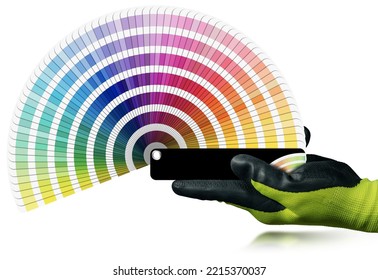 Manual Worker With Protective Work Glove Holding A Pantone Color Swatches Isolated On White Background.