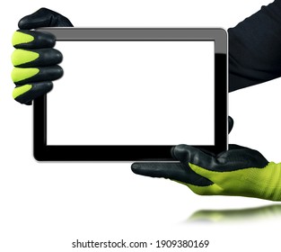 Manual Worker With Protective Work Gloves Showing A Blank Digital Tablet Computer. Isolated On White Background With Copy Space And Reflection.