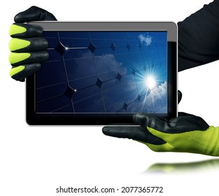 Manual Worker With Protective Work Gloves Showing A Digital Tablet Computer With A Close-up Of A Solar Panel Inside The Screen. Isolated On White Background. Solar Energy Concept.