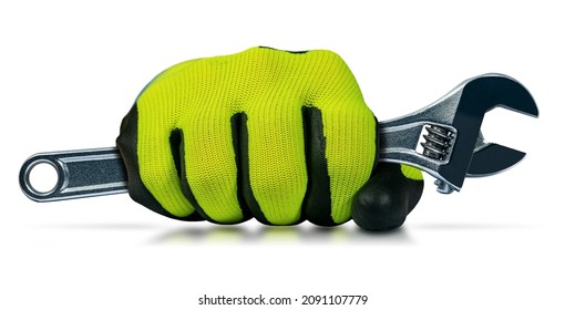 Manual worker with protective work gloves holding a stainless steel adjustable wrench, isolated on white background with reflections. - Powered by Shutterstock