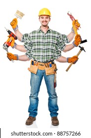 manual worker with six arms on white background
