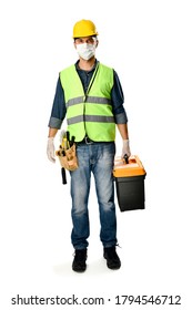 Manual Worker With Tool Bag Wearing Protective Face Mask And Gloves To Avoid Coronavirus Epidemic Isolated On White Background.     
