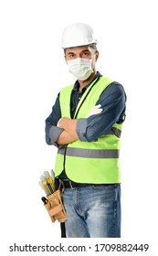 Manual worker wearing protective face mask and gloves to avoid Coronavirus epidemic isolated on white background.     Full length image    