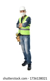 Manual Worker Wearing Protective Face Mask And Gloves To Avoid Coronavirus Epidemic Isolated On White Background.     