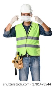 Manual Worker Wearing Protective Face Mask And Gloves To Avoid Coronavirus Epidemic Isolated On White Background.     