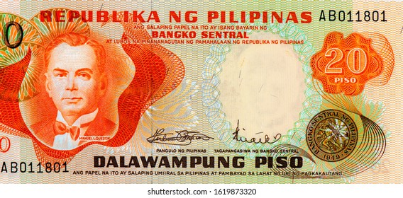 Manuel L. Quezon Portrait From Philippine 20 Peso 1970 Banknotes. 