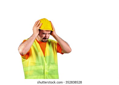 Manuel Worker Protecting Himself From Noisy Environment Isolated On White Background