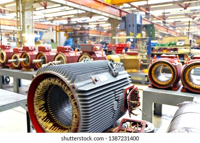 manufacture of big electronic motors in an industrial company - equipment and interior of the production halls 