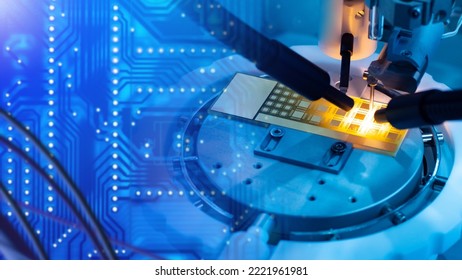 Manufacturing Micro Transistors. Production Microcircuit Boards. PCB Blue Element. Microchip Manufacturing. Automatic PCB Production Technology. Manufacture Of Microprocessors Under Microscope.