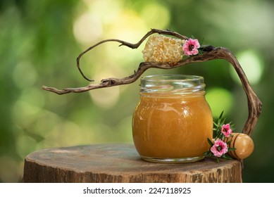 Manuka honey and flowers on nature background. - Shutterstock ID 2247118925