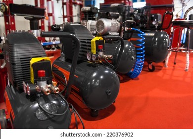 Many Air compressors pressure pumps  closeup photo