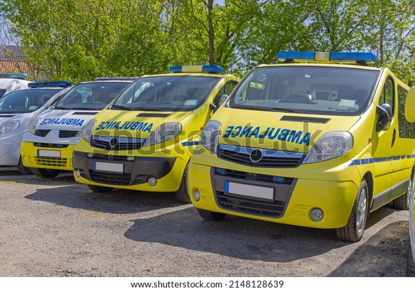 Many Ambulance Vehicles Emergency Van Front View
Waiting at Parking