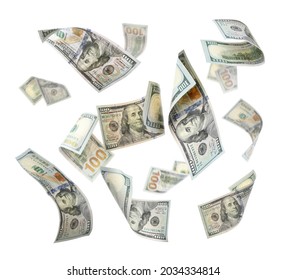 Many American dollars on white background. Flying money - Shutterstock ID 2034334814