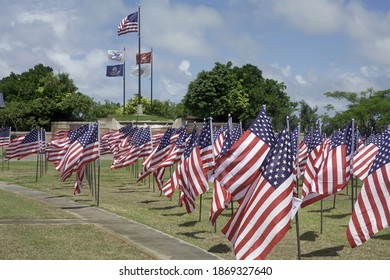 Many American Flags At American Memorial Park On Saipan