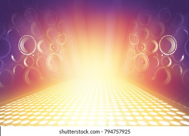 Many Audio Sound Speakers On Lighting Music Stage, Abstract Sparkling Background