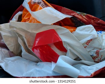 Many 'Bags For Life' Stuffed Into A Single Bag So That They Can Be Reused, Following The Ban On Free, Disposable, Single Use Plastic Carrier Bags And Charge For Reusable Bags In UK Supermarkets