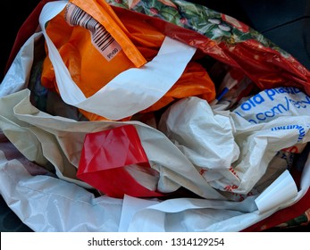 Many 'Bags For Life' Stuffed Into A Single Bag So That They Can Be Reused, Following The Ban On Free, Disposable, Single Use Plastic Carrier Bags And Charge For Reusable Bags In UK Supermarkets