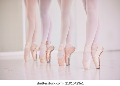 Many Ballet Feet, Legs Or Tiptoe Of Elegant Dancers Dancing And Practicing In A Dance Studio. Closeup Of Ballerinas Or Performers Or Team Preparing Or Learning For A Group Performance In A Class