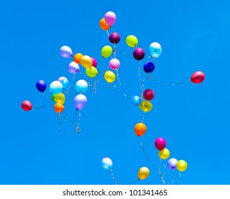 Many balloons fly into the blue sky