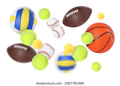 Many balls for different sports flying on white background - Powered by Shutterstock