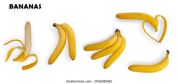 Many banana fruits peeled and unpeeled isolated on white background.