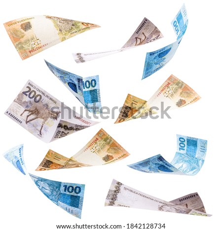 many banknotes from brazil falling on white background, two hundred, one hundred and fifty reais in free fall