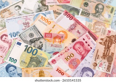 Many banknotes from different countries of the world of different denominations