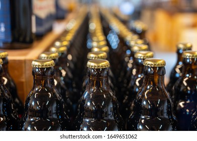 Many Belgian Beer Bottles In Abbey Shop Close Up