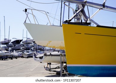 Many Boats Yachts Stored Up In Dry Boat Storage Waiting For Ship Maintenance 