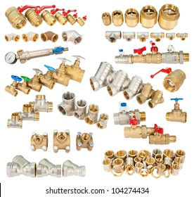 many brass (copper) fittings, valves, filters, isolated in a set