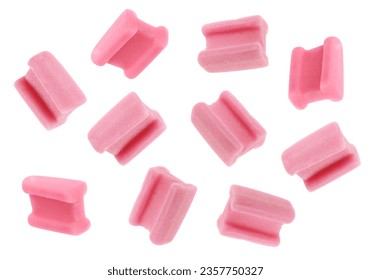 Many bubble gum pillows falling on white background