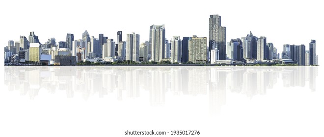 many buildings in downtown, panorama view of many images merged together and isolated on white background ,very high resolution 