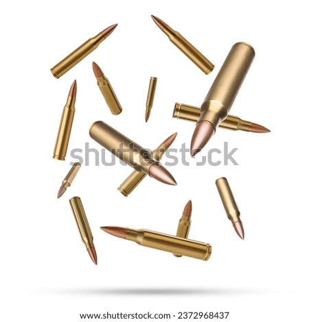 Many bullets falling on white background. Firearm ammunition