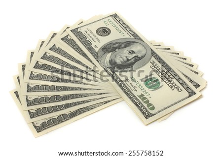Many bundle of US 100 dollars bank notes isolated on white background