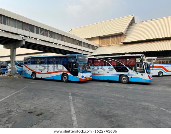 Many bus park at bus\
gate waiting for passengers. Mochit Terminal, Bangkok Thailand Date\
12 Jan 2020